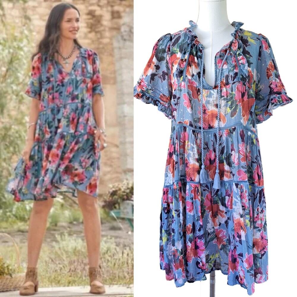 Sundance Annabelle Dress Floral Cotton Short Sleeve Tiered Ruffle -Blue - Medium